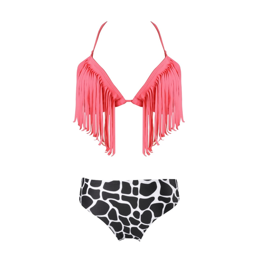 Women's Slim Low-Rise Fringe Bikini Two-Piece Swimsuit Animal Print Bottom