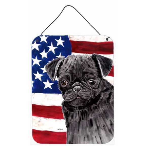 12 x 16 in. Usa American Flag With Pug Aluminium Metal Wall Or Door Hanging Prints