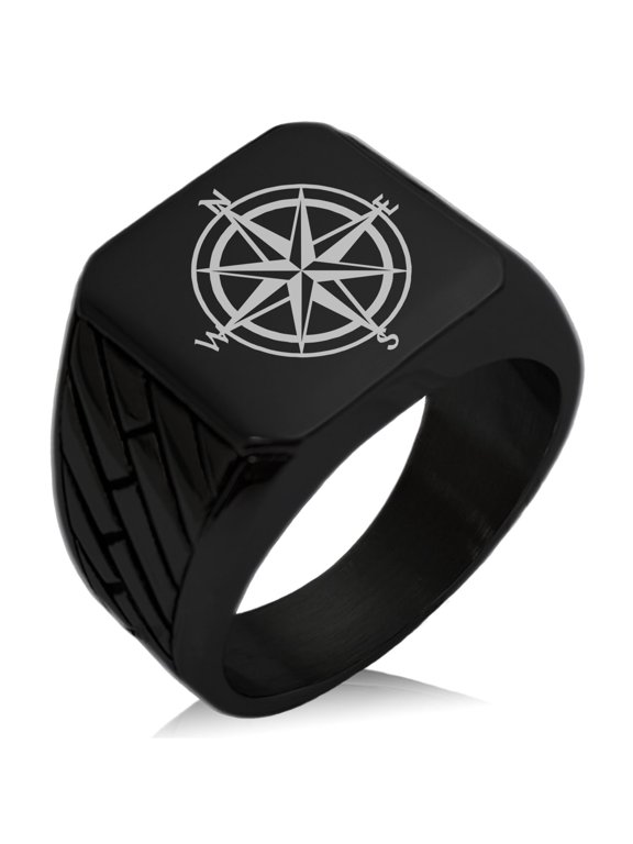 Stainless Steel Nautical Star Compass Geometric Pattern Biker Style Polished Ring