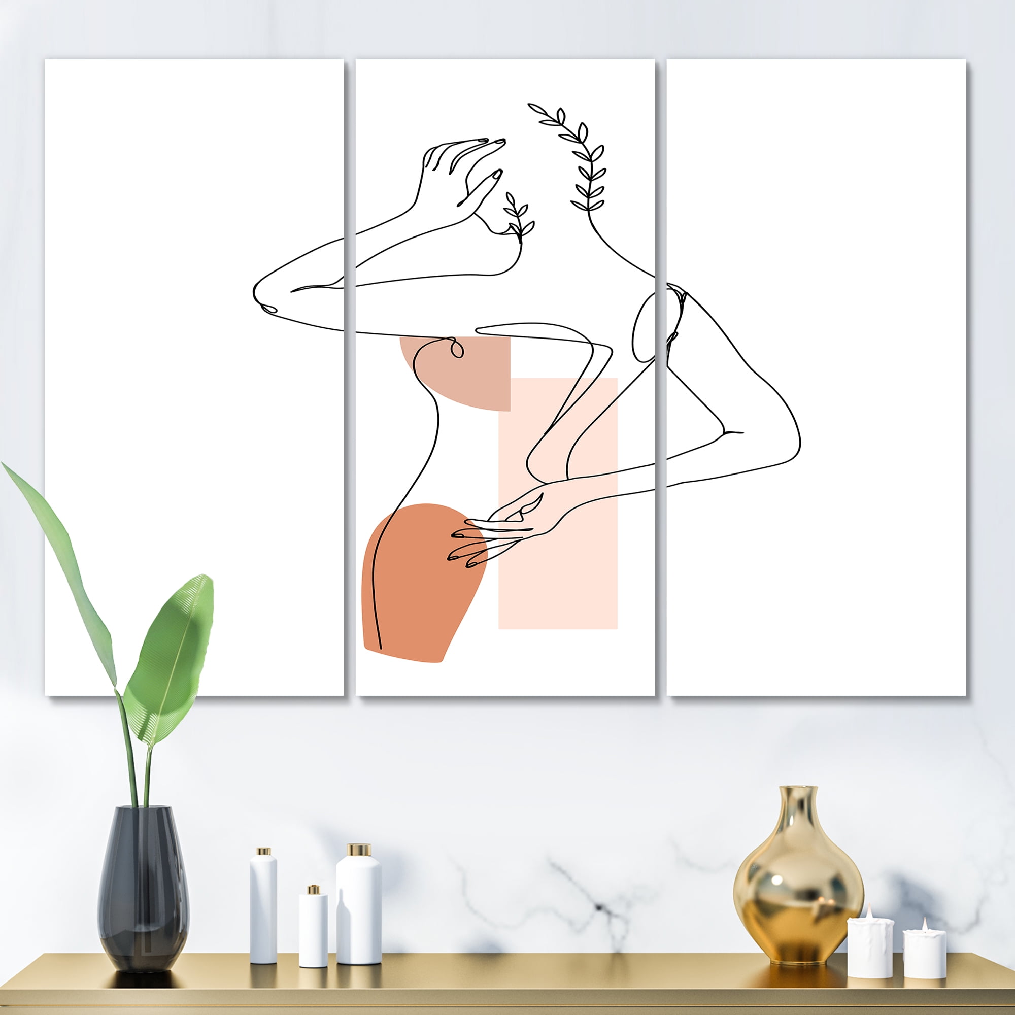 One Line Woman Portrait With Shapes and Leaves II 28 in x 36 in Painting Canvas Art Print, by Designart