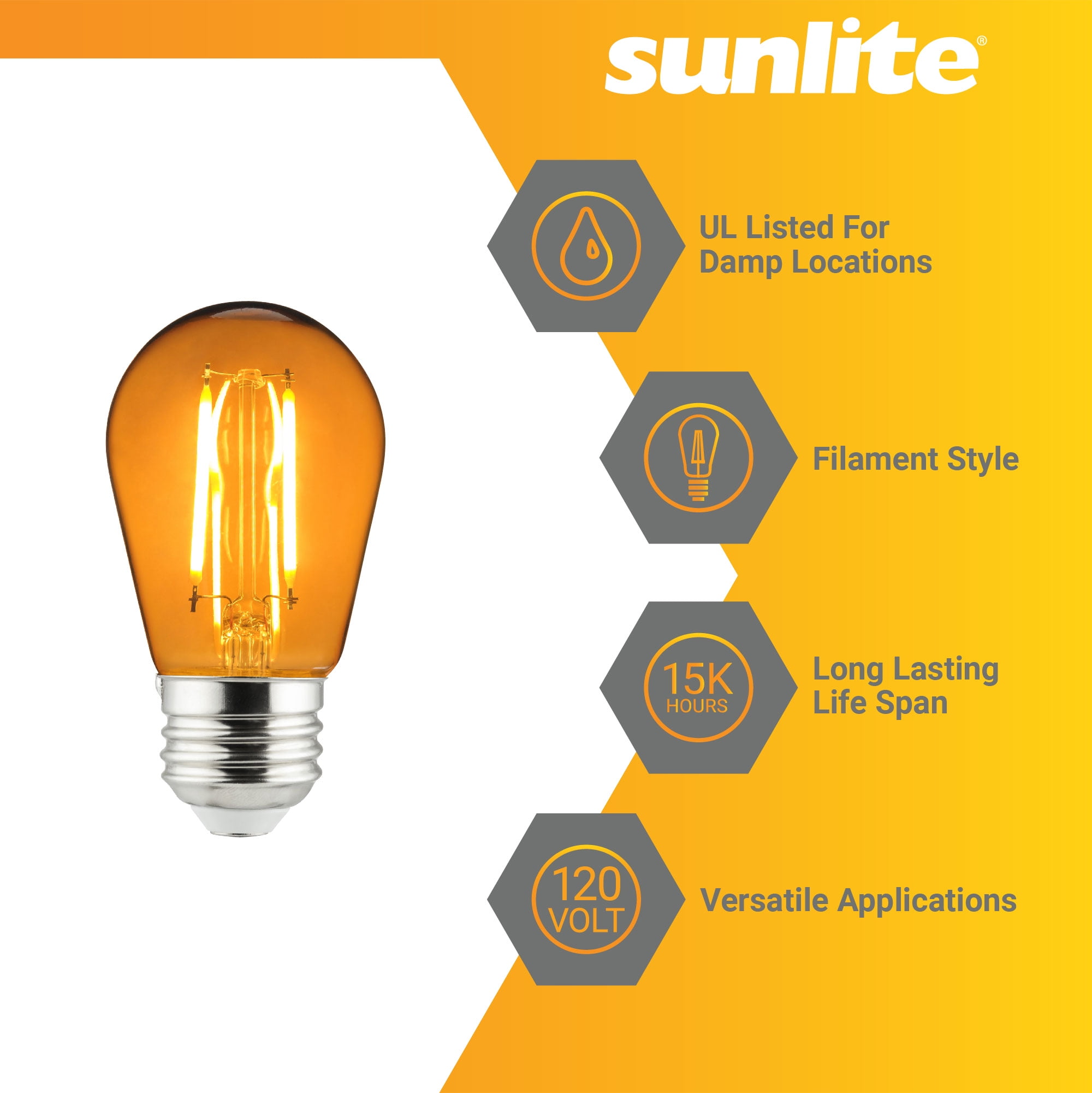 Sunlite LED S14 String Light Bulb, 2 Watts (25W Equivalent), Medium E26 Base, Party Decoration, Holiday Lighting, Transparent, Dimmable, UL Listed, Amber, 6 Count
