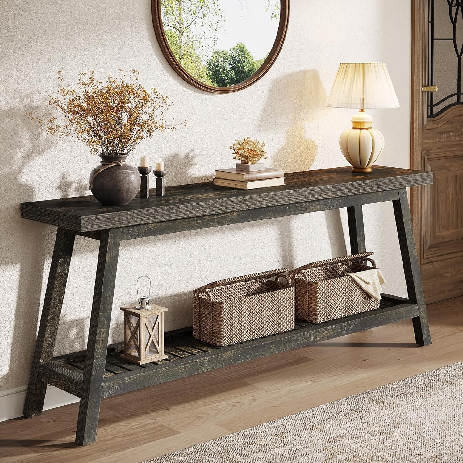 Tribesigns Farmhouse Console Entryway Table, 70.9" Extra Long 2-Tier Narrow Wood Table for Hallway, Living Room, Entrance, Dark Brown