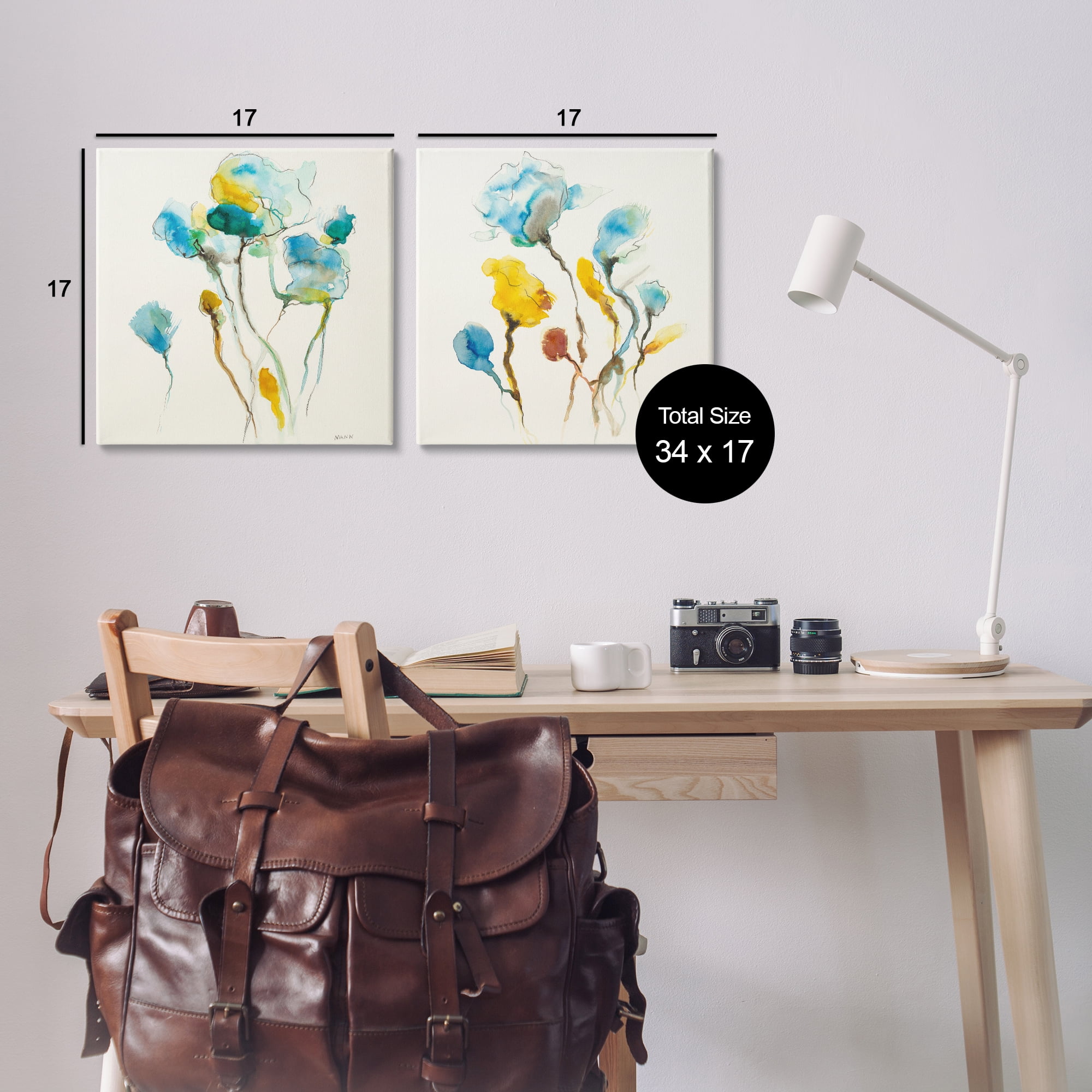 Stupell Industries Watercolor Teal & Yellow Flowers Abstract Painting Wrapped Canvas Art Print Wall Art, 17 x 17, Set of 2