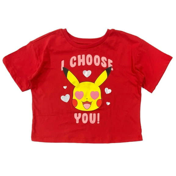 Pokemon Girls Red Semi Cropped Pikachu Valentines Day T-Shirt Tee Shirt S 6/7