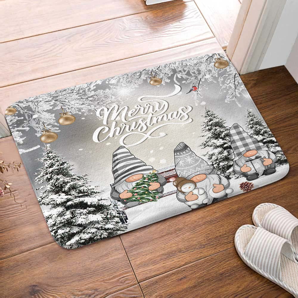 Winter Christmas Bath Mat, Funny Xmas Grey Gnome in Snowfield Snowflake Bath Rug for Bathroom, Pine Tree Covered With Snow Rustic Winter Holiday Bath Mat Soft Non Slip Bath Rugs, 16X24IN