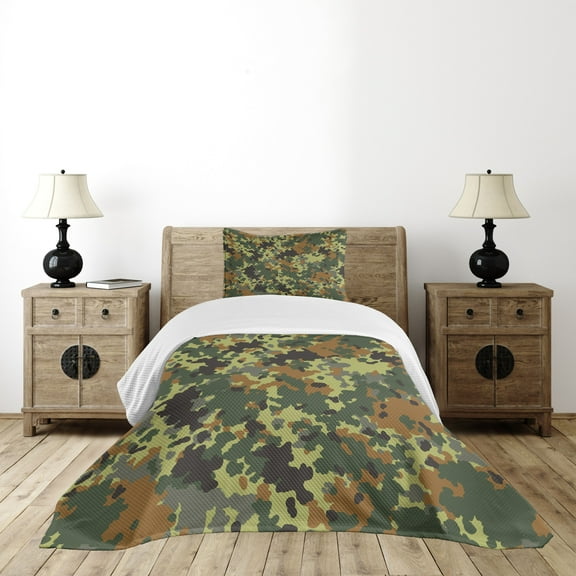 Ambesonne Camo Quilted Bedspread Set 2 Pcs, Classic Germany Pattern, Twin Size, Green Brown Dark Green