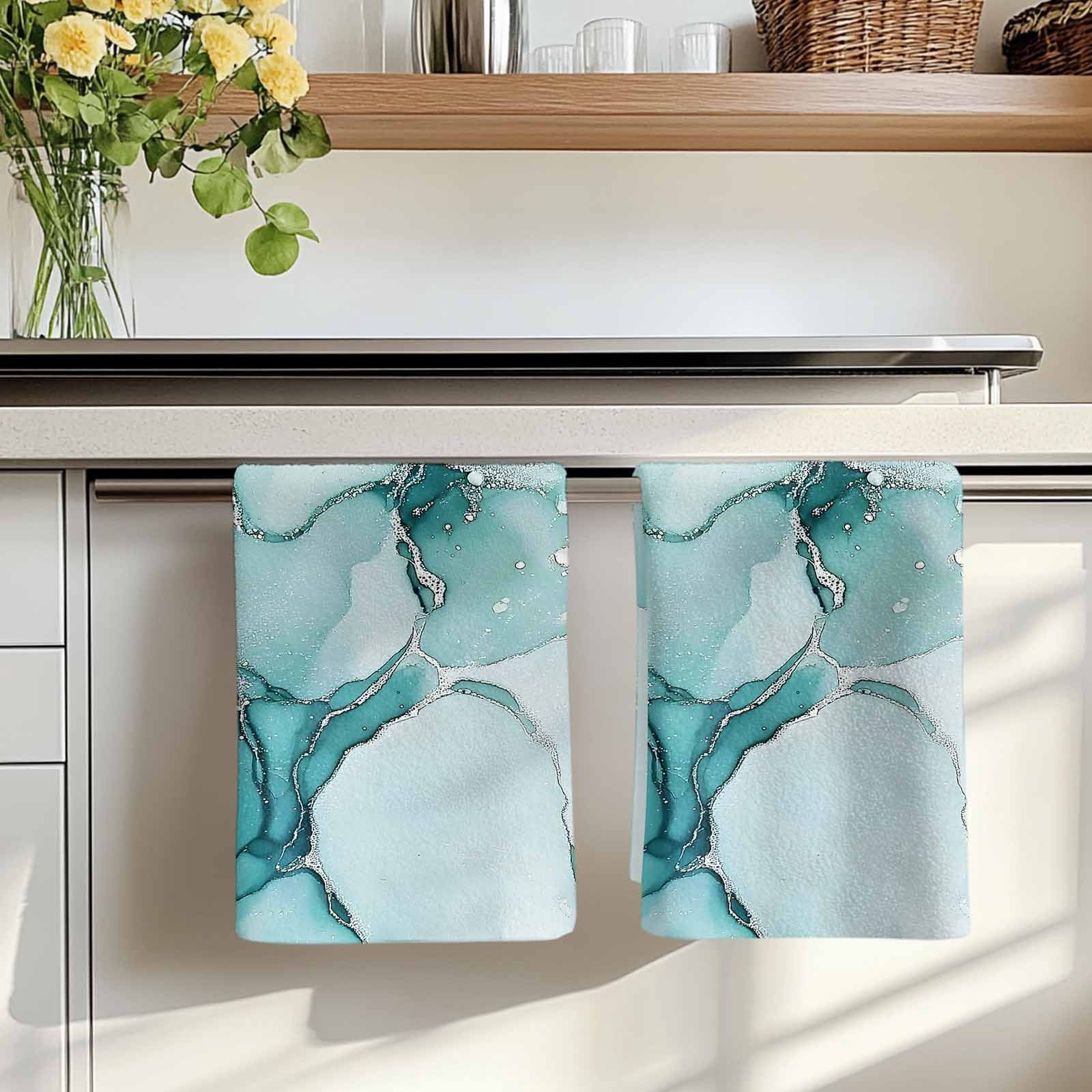 Marble Turquoise Kitchen Towels Set of 2, Abstract Nature Cracks Silver Wavy Absorbent Dish Towels for Kitchen, Microfiber Hand Towel, Quick Drying Tea Towel for Cleaning Decorative Dishcloths