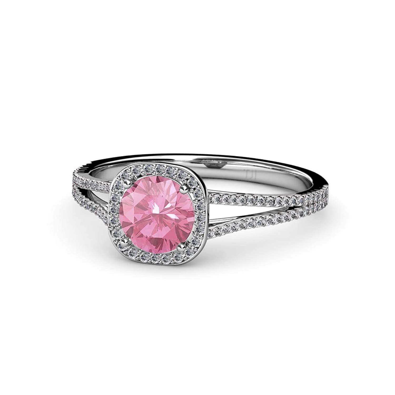 Pink Tourmaline and Diamond (SI2-I1, G-H) Halo Engagement Ring 1.25 ct tw in 14K White Gold.size 5.0 by TriJewels