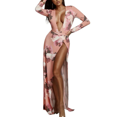 Women Sexy Deep V-neck Floral Print Side Slit Long Sleeve Maxi Cocktail Party  Club Bodycon Dress