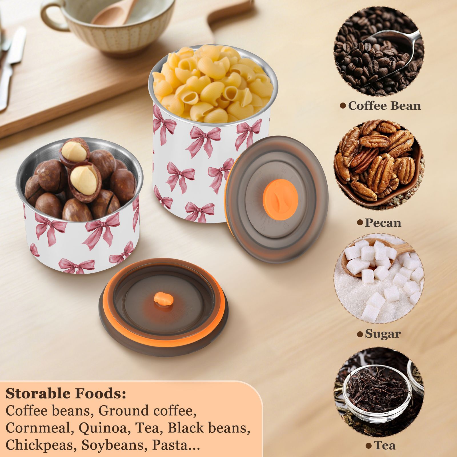 Long Pink Bow Airtight Coffee Bean Canister 30oz Food Storage Containers with Lids For Gournd, Tea, Sugar, Flour, Rice, Cereal, Candy Cookie Jar