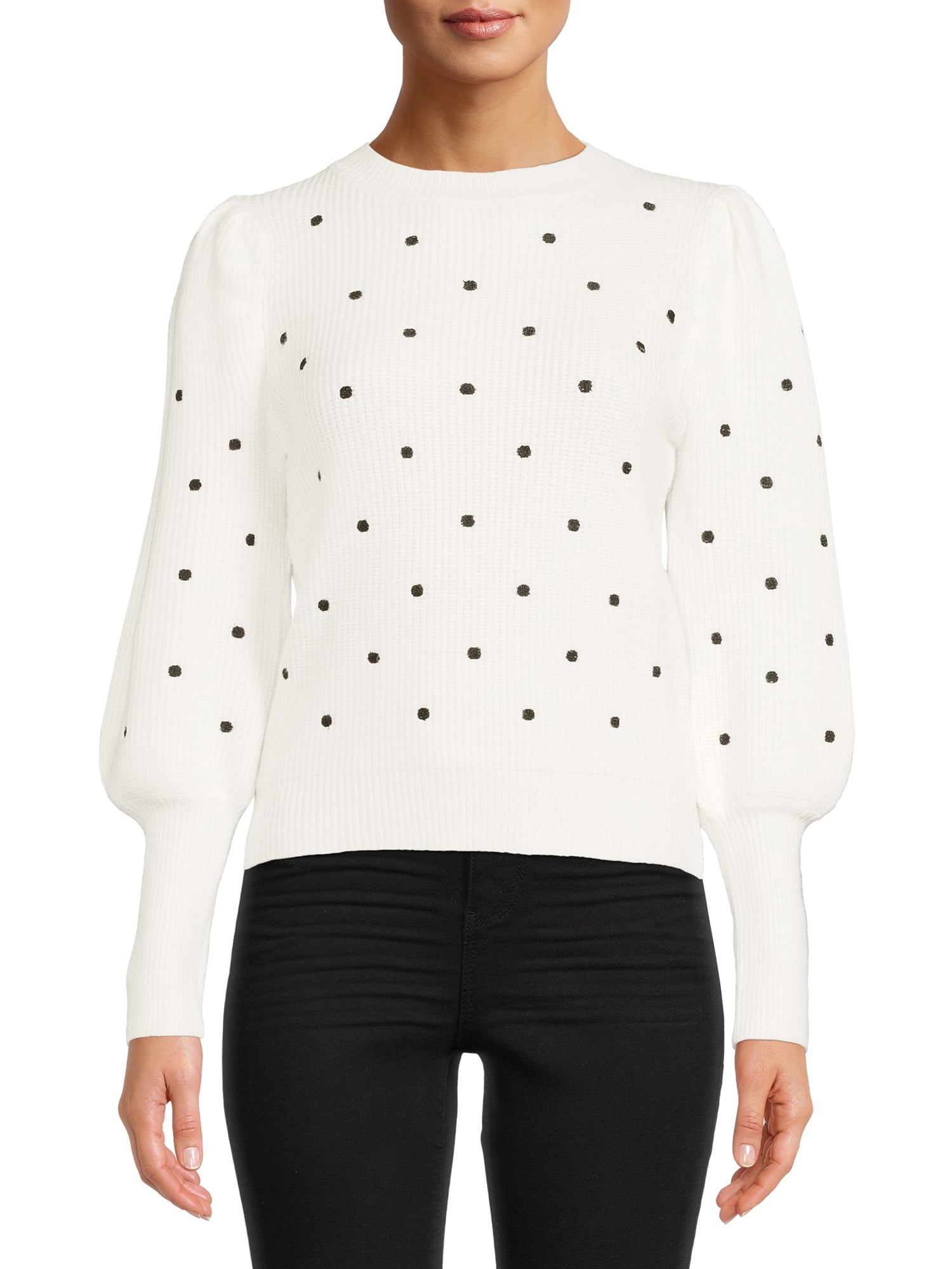 white sweater with black polka dots