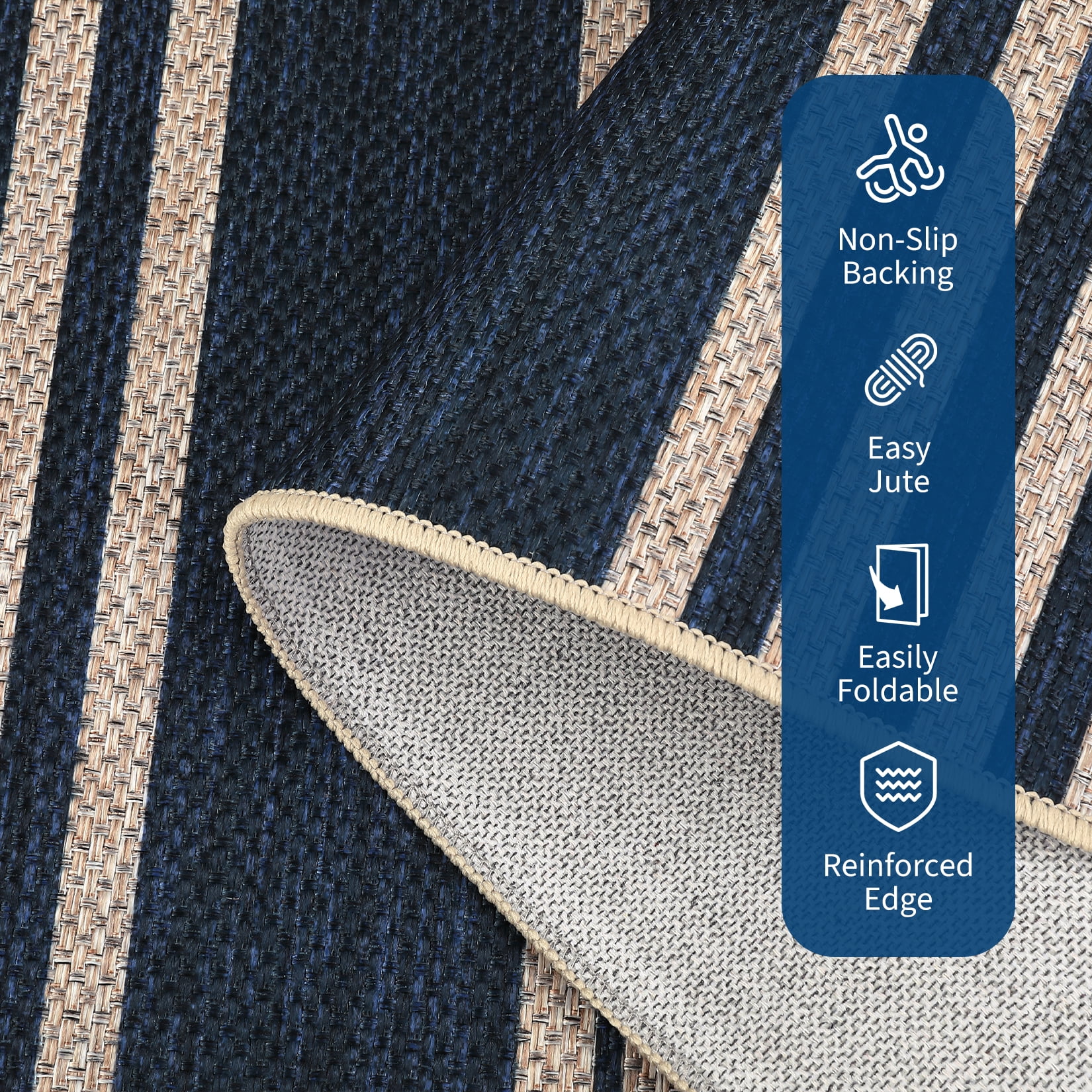 Hasoo Large Washable Rug 9' x 12' Area Rug for Living Room Easy Jute Striped Non-Slip Neutral Indoor/Outdoor Decor Carpet, Navy