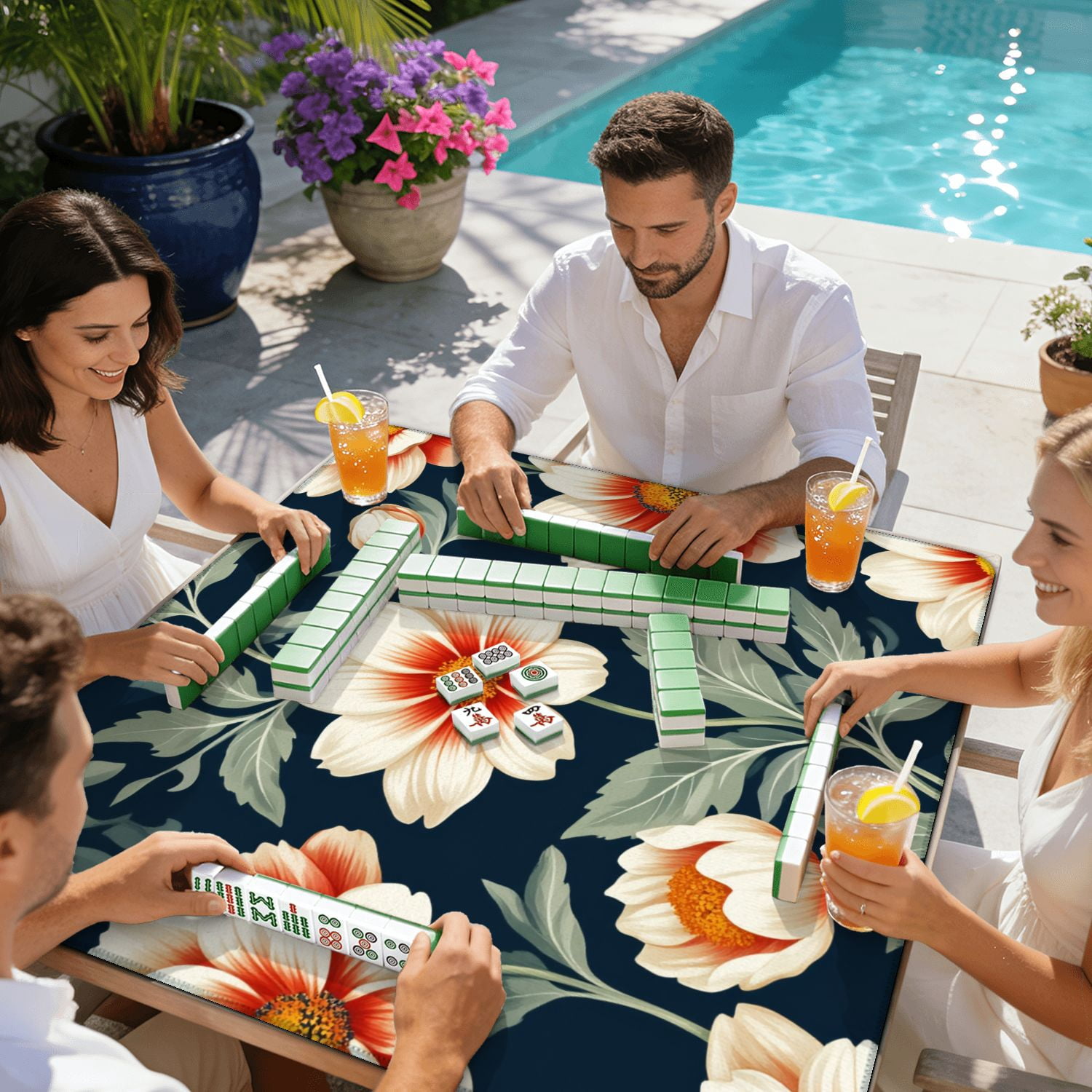 Mahjong Mat 31.5" x 31.5" Elegant Floral Cream Orange Flowers Dark Non-Slip Noise Reduction American Mahjong Tiles Table Cover for Dominoes Poker Card Board Games Gift