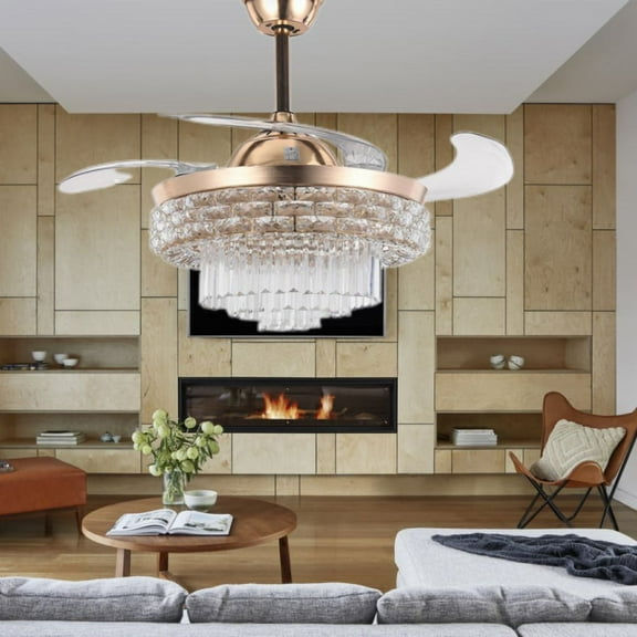 KPIBEST 42" Gold Crystal Chandelier Ceiling Fan with Lights Modern Dimmable Fandeliers LED Invisible Fandelier Crystal Chandelier Fan