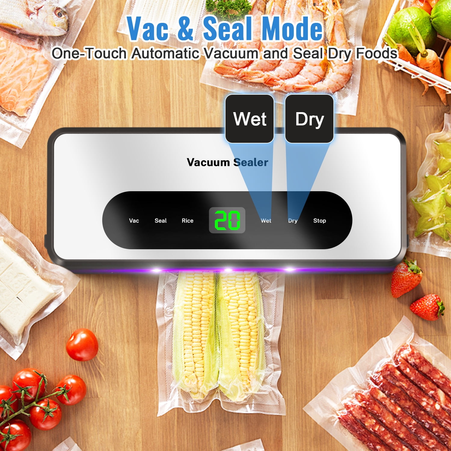 Food Vacuum Sealer Machine with 2 Rolls Food Vacuum Sealer Bags, 8-in-1 Automatic Food Sealer with Dry & Moist Food Modes, Led Indicator Lights, Built-in Cutter, Compact Design for Food Storage