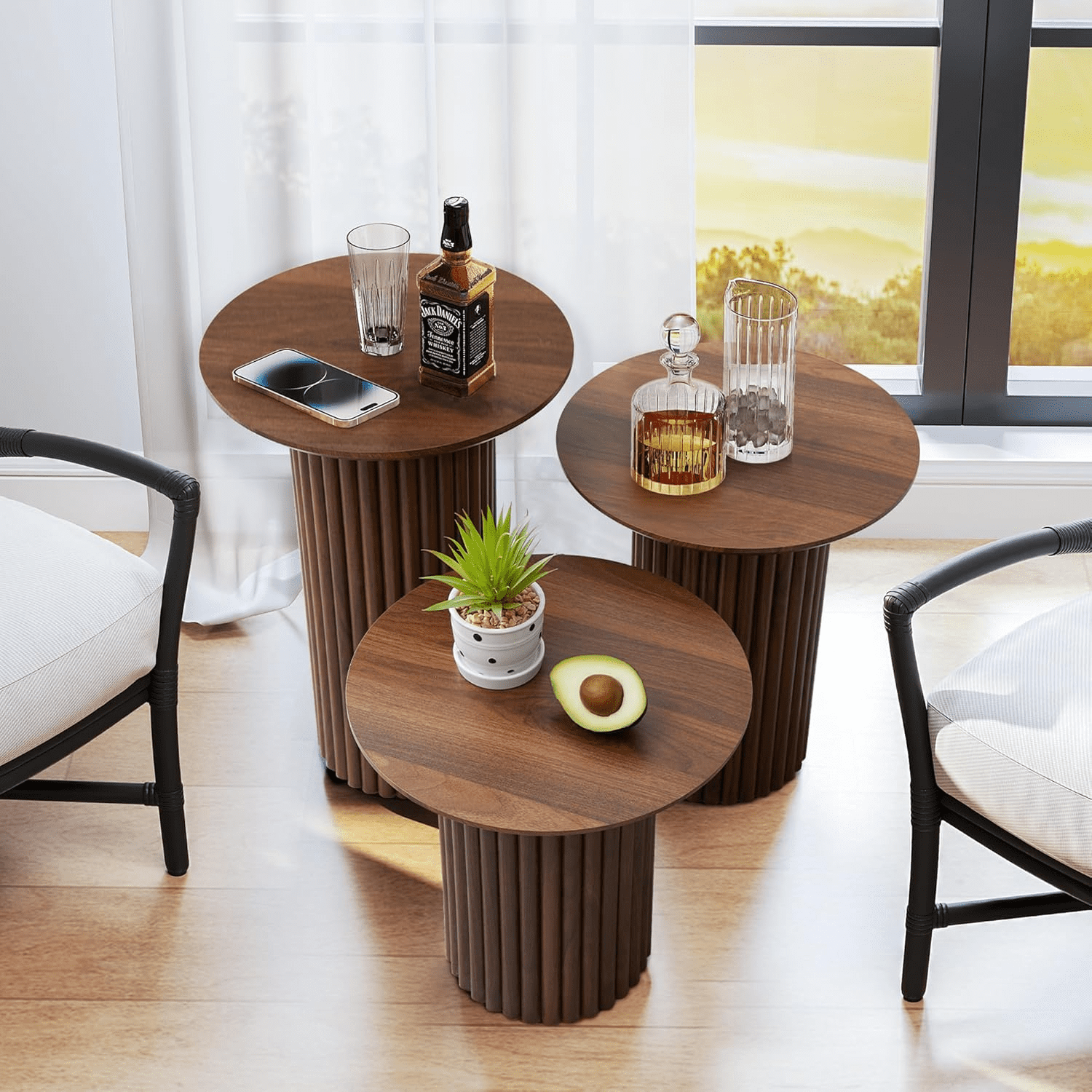 LEFHDA Fluted Round End Tables Set of 3, Mid Century Modern Wooden Coffee Table, Small Bedside Table Accent Cabinet for Living Room, Bedroom, Entryway (Walnut)