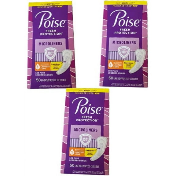 Poise Daily Microliners, Incontinence Panty Liners, 1 Drop Lightest Absorbency, Long Length, 50 Count  ( Pack Of 3 ) Total -150 Count