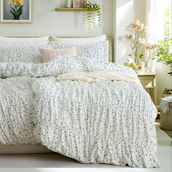 Pink Floral Ruched Duvet Cover 100% Cotton Farmhouse Shabby Chic Garden Bedding Sets Vintage Flower 3 Pcs Comforter Cover for Girls Women Room Decor All Season