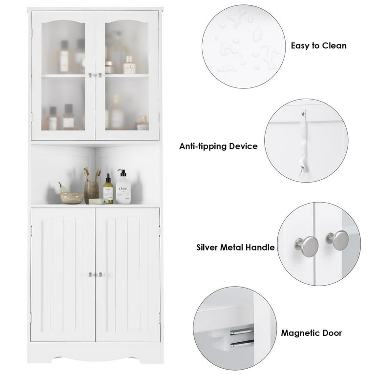 Homfa Corner Storage Cabinet Wooden 4 Doors Linen Cupboard For Bathroom White Com