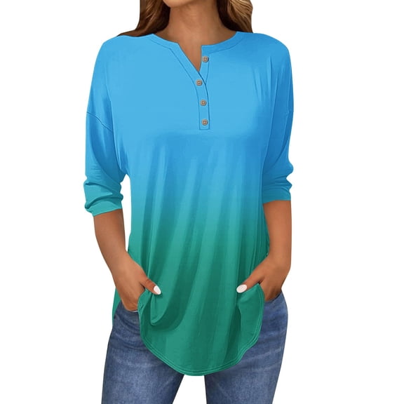 Long Sleeve Shirts For Women 3/4 Length Sleeve Tops Spring Neck Casual Print Tunic T Shirts Three Quarter Length Tops Womens Long Sleeve Tops