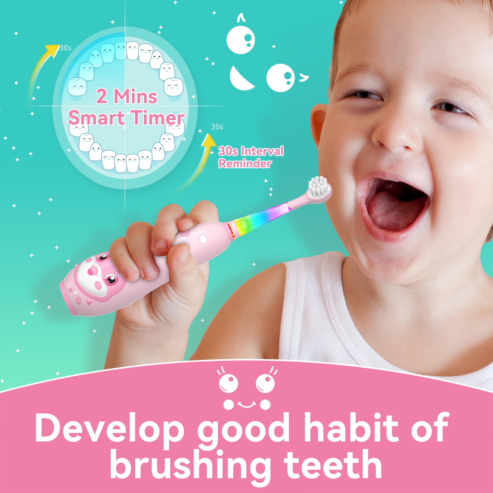 Seago Rechargeable Kids Electric Toothbrush,LED Observing Light,8 Brush Heads,for Kids 3-8 ,SG-2139 Pink
