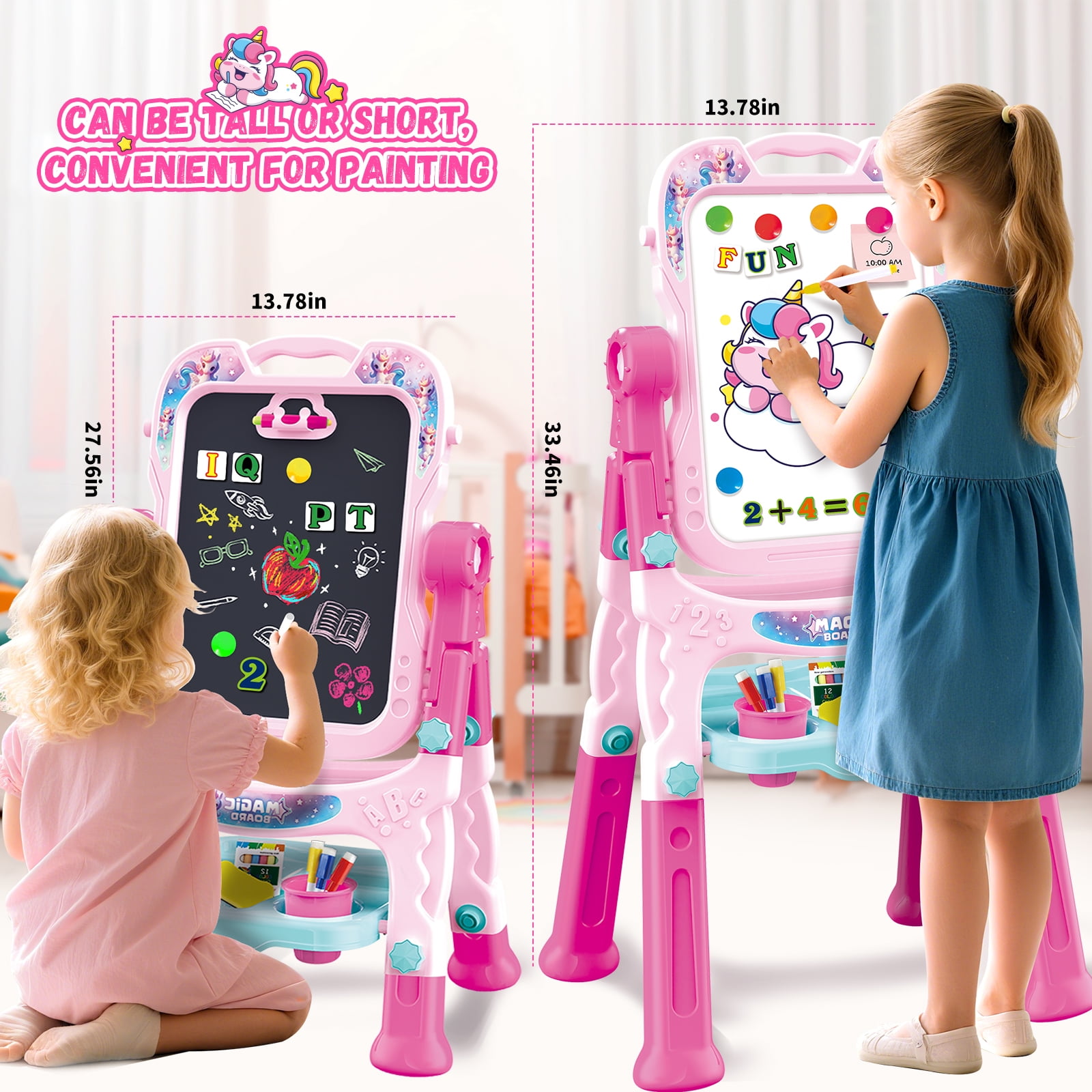 Art Easel for Kids - Adjustable Double-Sided Rotatable Magnetic White Board with Painting Accessories, Preschool Learning Toy for Girls 3-5 Years Old,Ideal Christmas Birthday Gift （Pink）