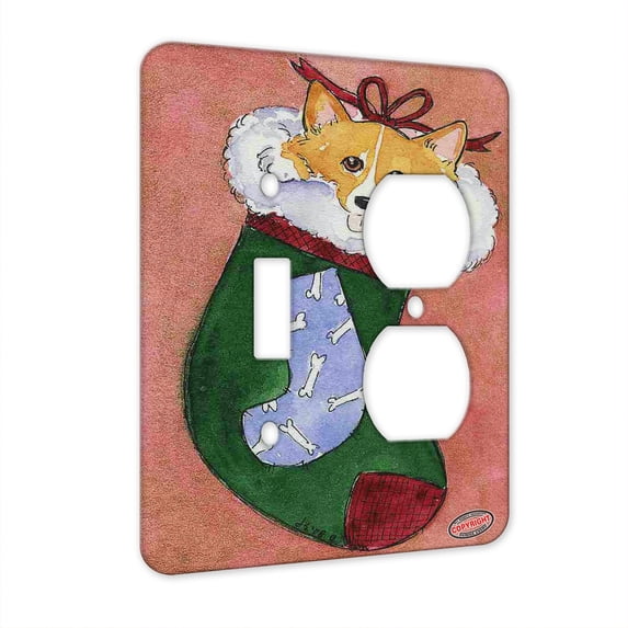 KuzmarK™ 2 Gang Single Toggle / Single Duplex Wall Plate - Corgi Christmas Stocking JOY Set J Dog Art by Denise Every