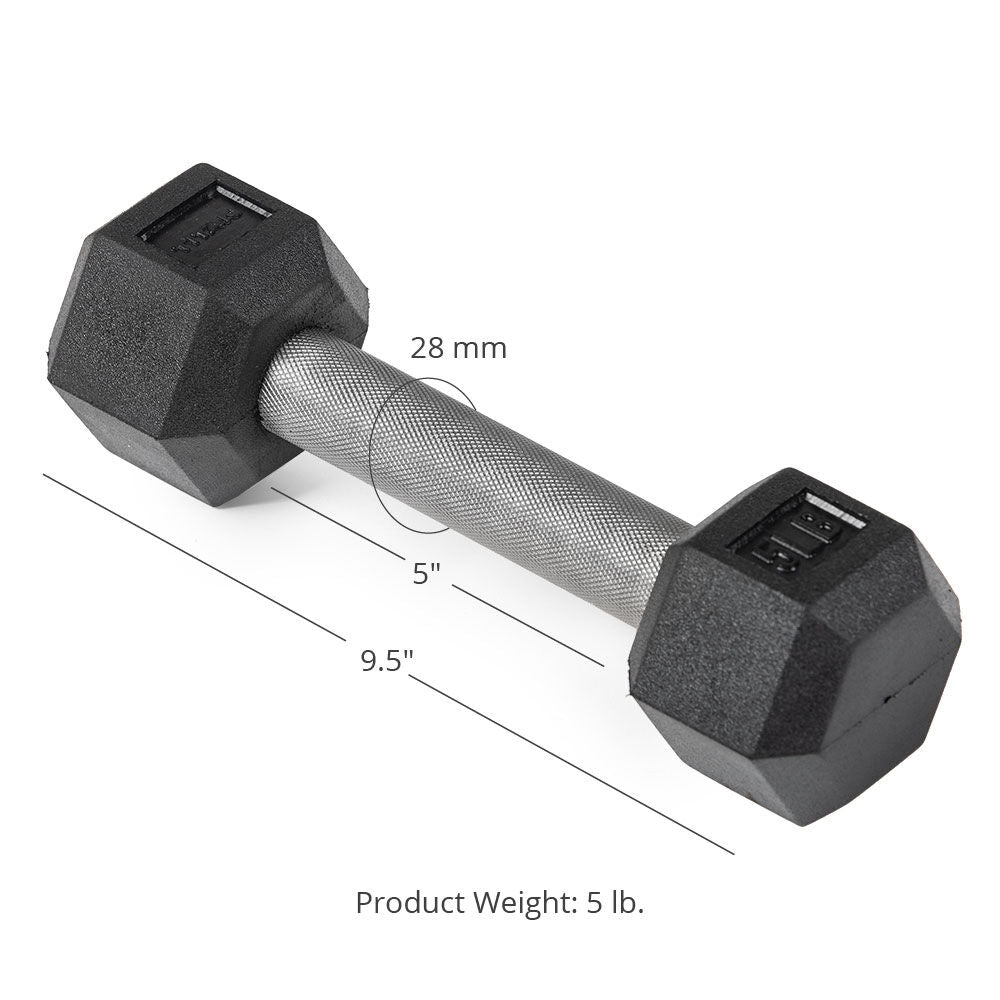 Titan Fitness 5 LB Pair Free Weights, Black Rubber Coated Hex Dumbbell, Straight Stainless Steel Handle, Strength Training, Full Body Workout