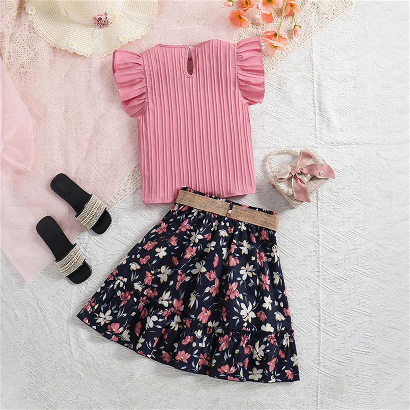 MEZZALL Girls' Clothes 2025 Spring/summer Girls Clothing New Girls Clothing Lace Sleeve Top Printed Half Skirt Set