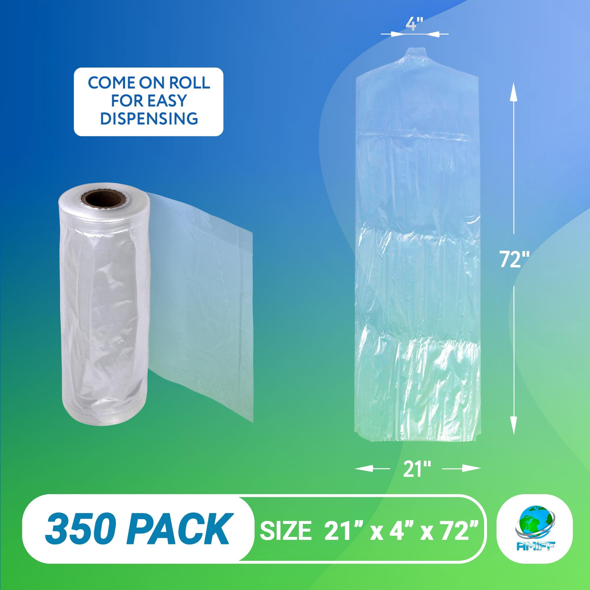 Clear Garment Bags for Storage, 21 x 4 x 72 Inches, Roll of 350 Clear Plastic Garment Bags for Hanging Clothes with Hanger Holes