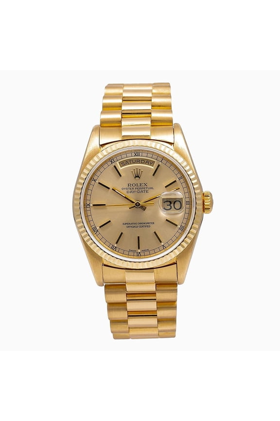 Pre-Owned Rolex Day-Date 36MM 18238 Champagne Dial Fluted Bezel 18K Yellow Gold President Bracelet