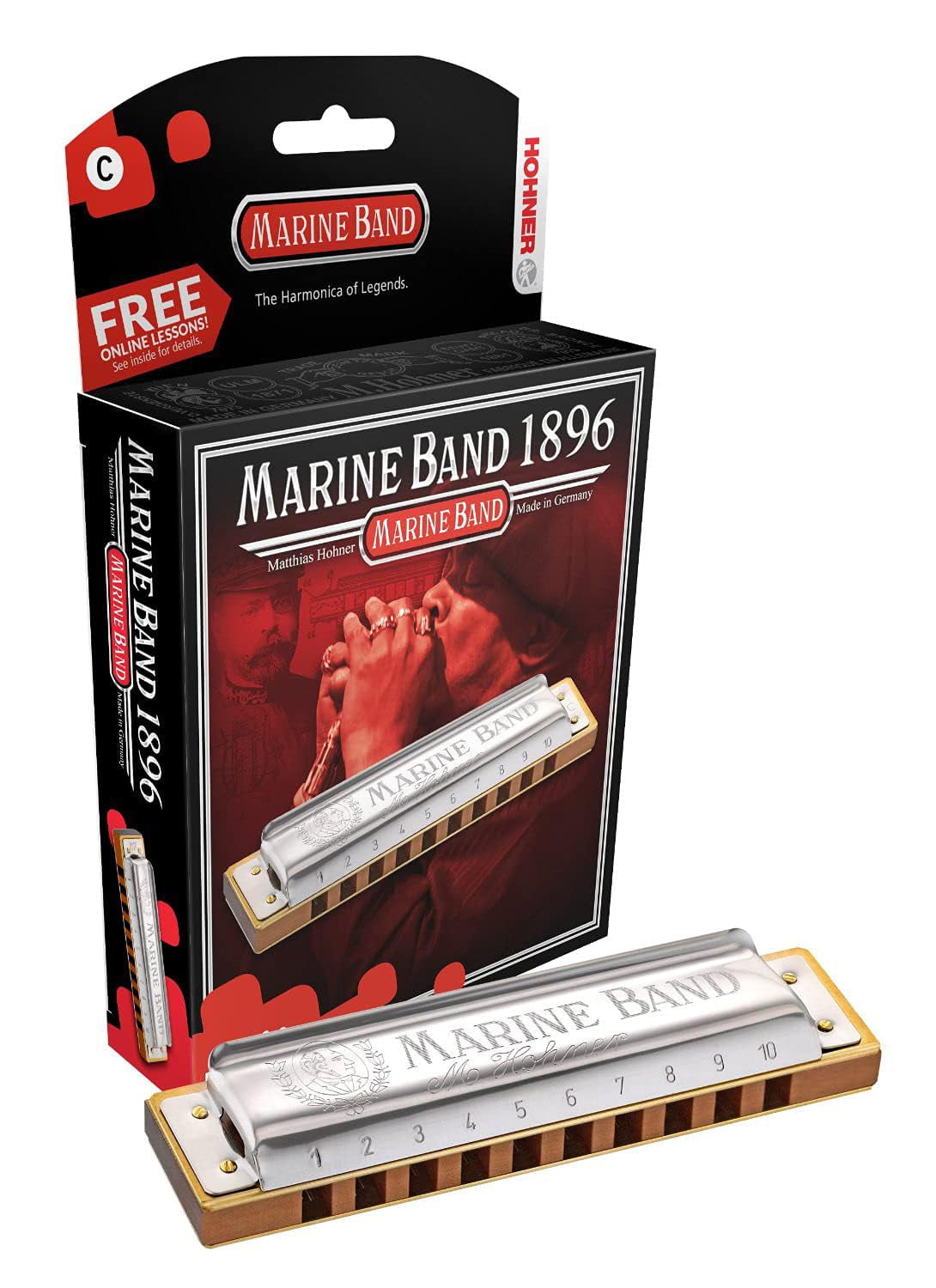 Hohner Marine Band 1896 Harmonica - Key of F Bundle with Case, Pouch, Online Manual, and Austin Bazaar Polishing Cloth