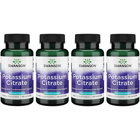 Swanson Potassium Citrate Mineral Supplement, Helps Support Heart Health & Energy, 99 mg, 120 Capsules, 4-Pack