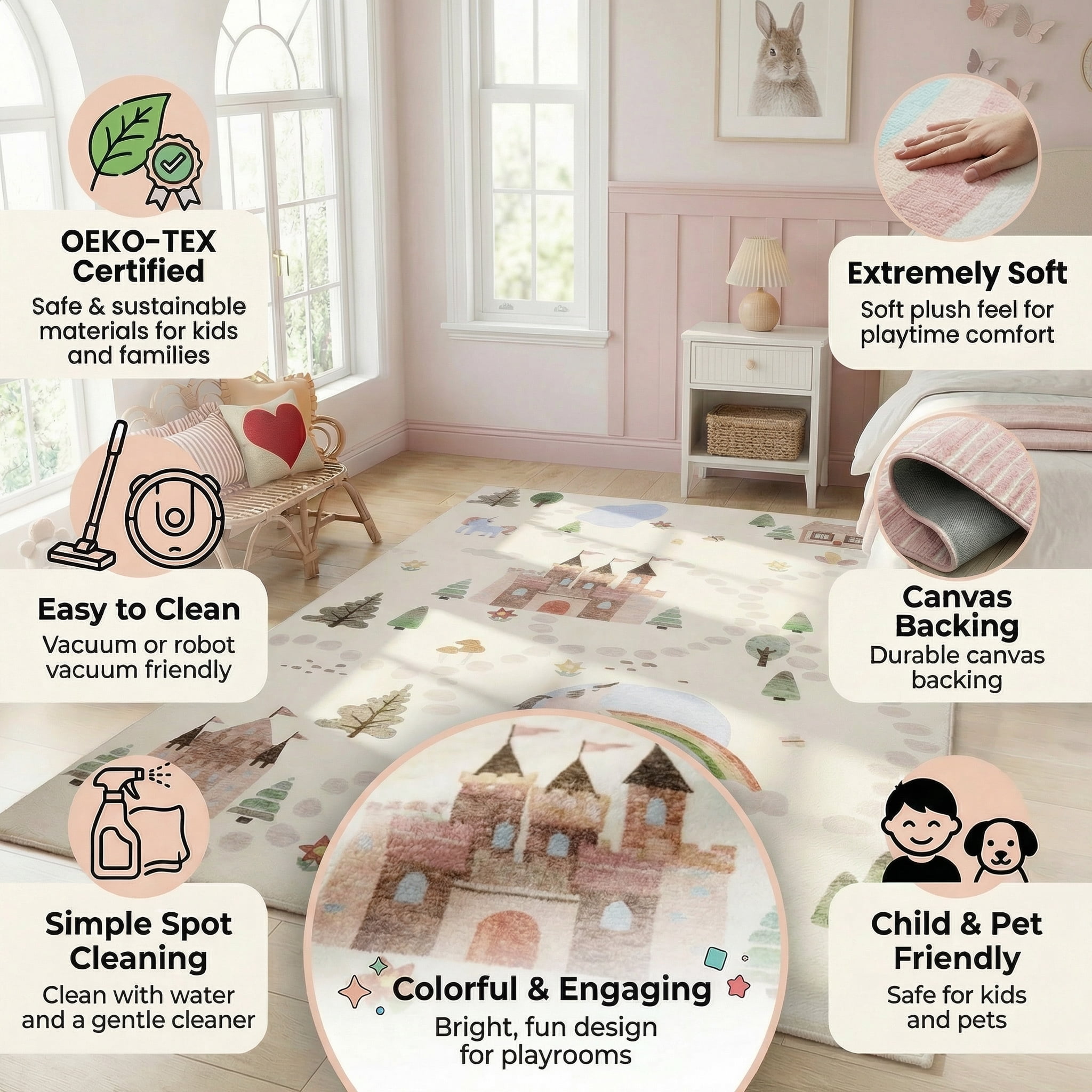 Rug Branch Soft Steps Playtime Unicorns, Castle, Road Map, Educational Soft Area Rug, White Blue - Boys & Girls in Playroom, Nursery, Bedroom