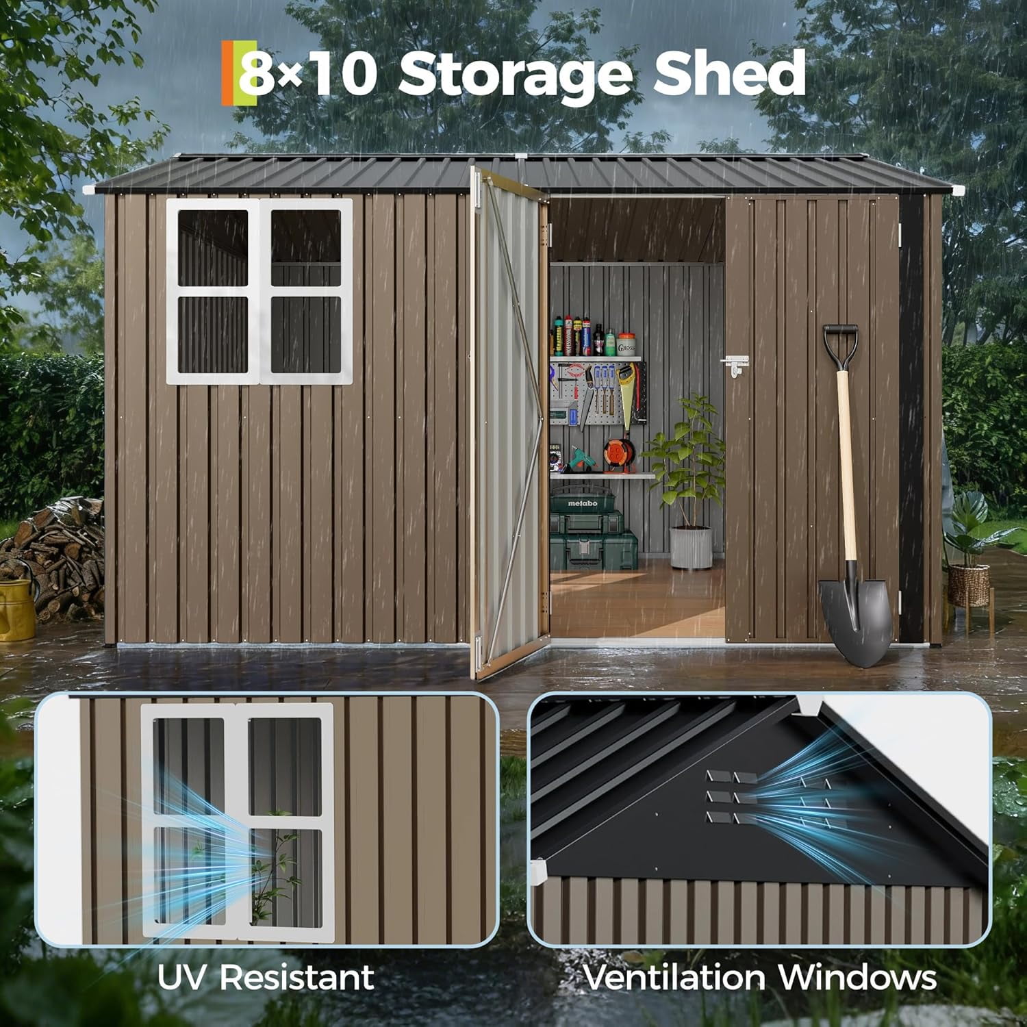 10X8 FT Storage Shed,Outdoor Storage Shed with Windows & Double Doors,Outdoor Tool Shed with 450 Cu Ft Space,Metal Sheds Outdoor Storage for Garden, Backyard, Patio and Backyard