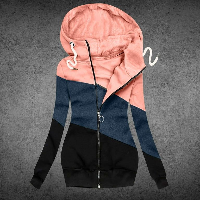 Women s Slim Fit Full Zip Jacket with Thumb Holes Pockets Workout Outerwear Outdoor Casual Colorblock Hoodies