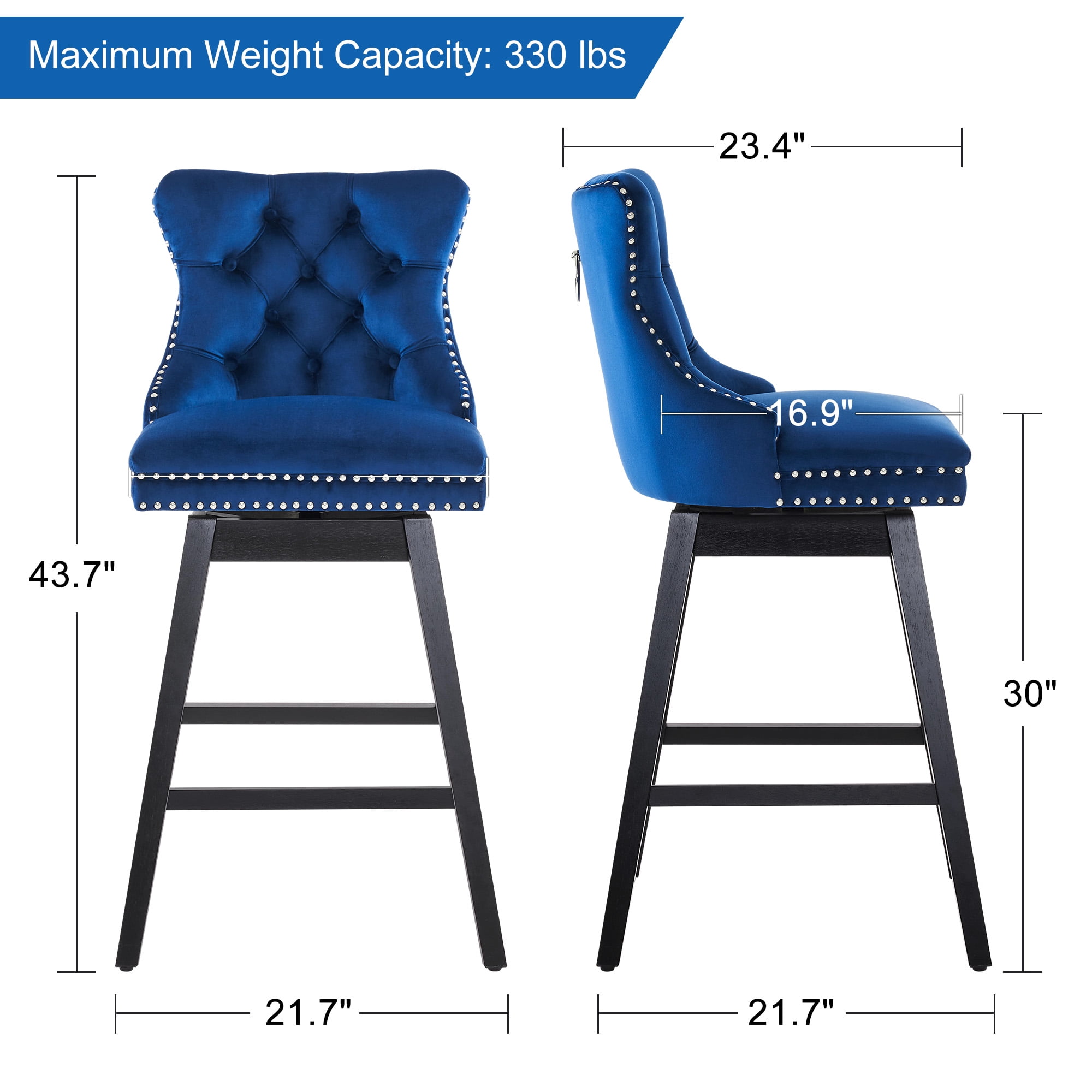 Tewloss 30" Swivel Bar Stools Set of 5 With Back Velvet Bar Height Chairs for Home Kitchen, Blue