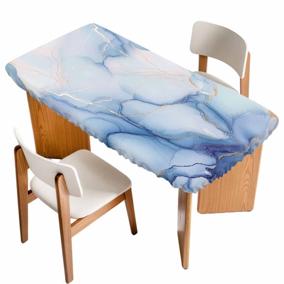 Blue Marble Table Cloths for 3 Foot Rectangle Tables, Gradual Modern Abstract Art Patio Waterproof Elastic Fitted Tablecloths, Washable Rectangular Table Cover for Camping