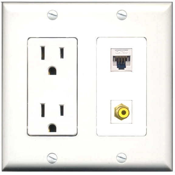Ultra Spec Cables 15 Amp Power Outlet 1 Port RCA Yellow 1 Port Cat5e Wall Plate