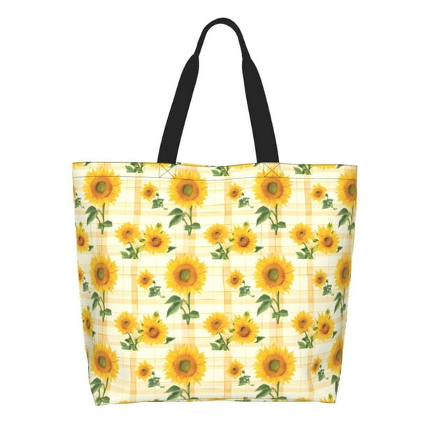 Easygdp Yellow White Plaid Sunflower Bolsas Tote para Mujer, Bolsos de Hombro para Viaje, Bolsos de Mano de Gran Capacidad para Compras y Trabajo