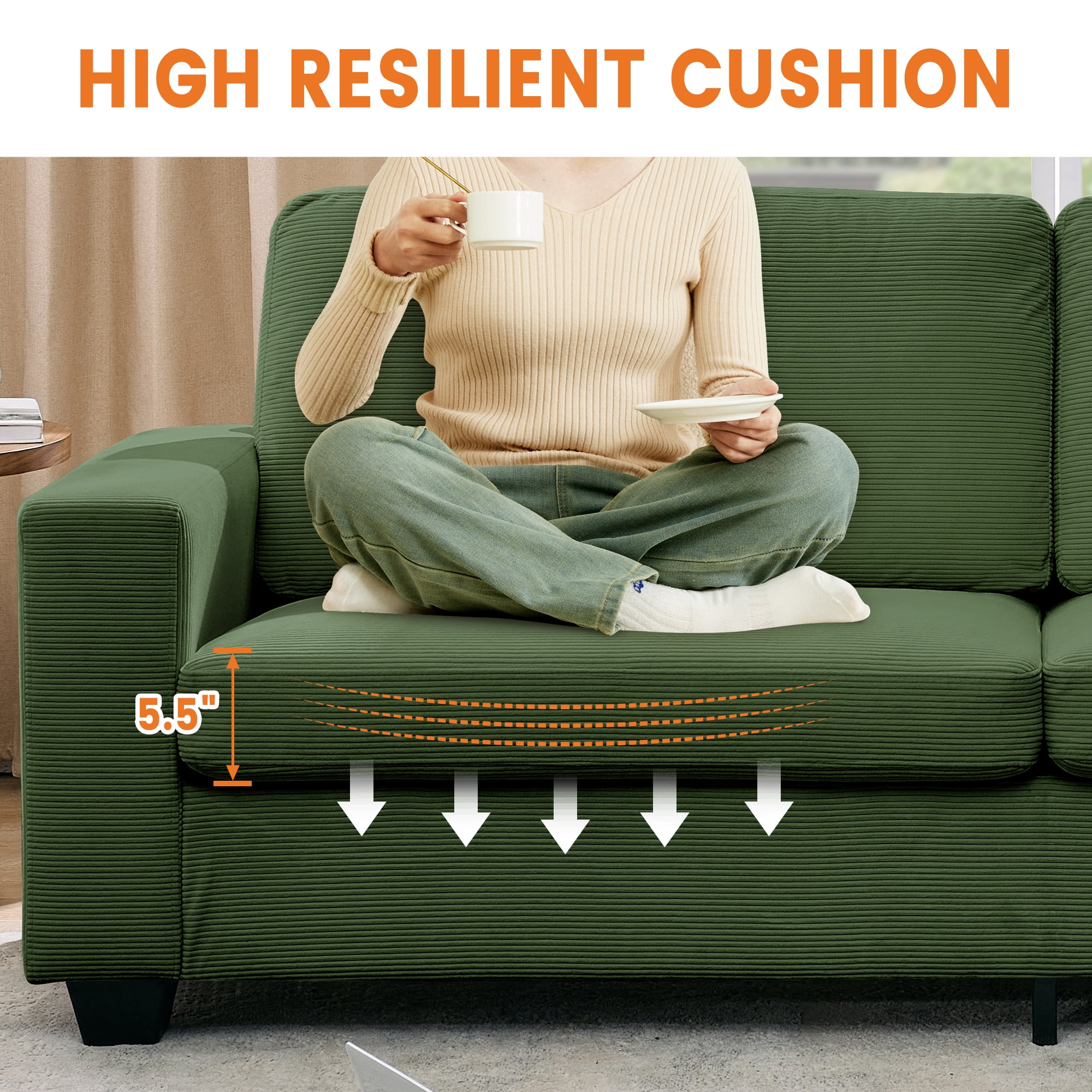 Kicctian 83" Wide 3-Seater Corduroy Couch with Deep Seat, Modern Sofa with Washable Covers and Wide Armrests, Comfortable Loveseat for Living Room, Bedroom, Office or Small Spaces,Green