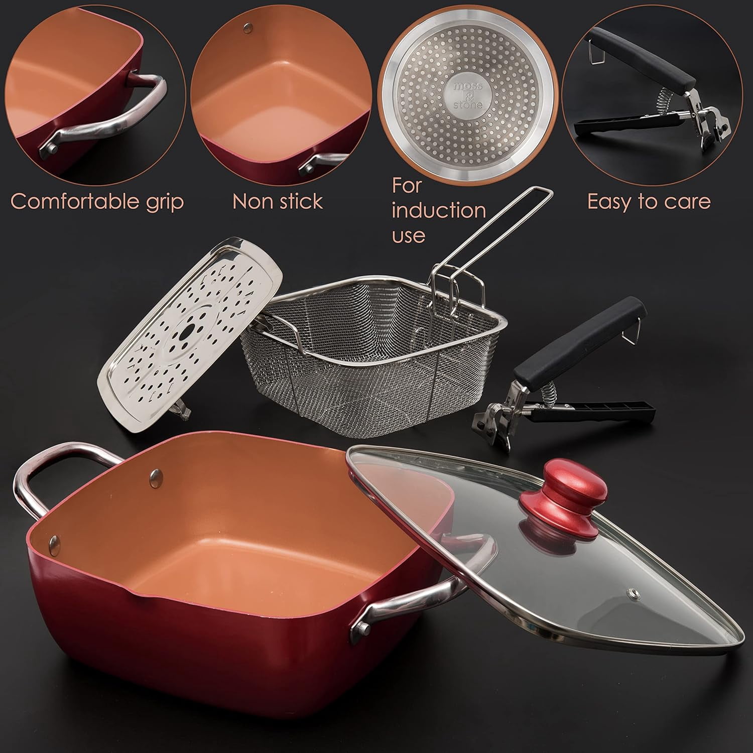 Moss & Stone Copper 5 Piece Set Chef Cookware, 9.5” Non Stick Pan, Deep Square Pan, Fry Basket, Steamer Tray, Dishwasher & Oven Safe, 5 Quart Copper Pot Set, Red Induction Cookware Set