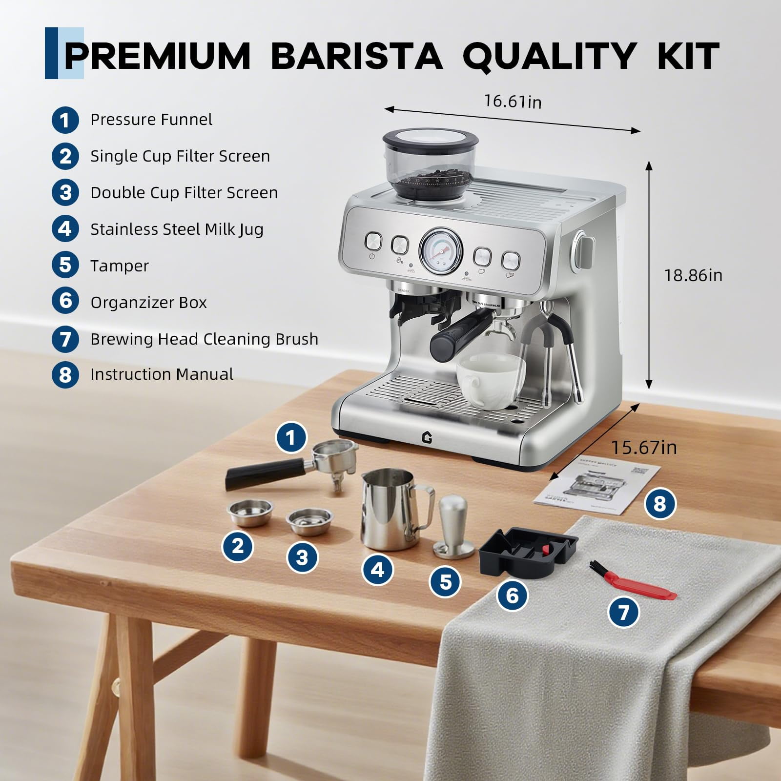20 Bar Pressure Stainless Steel Espresso Machine with Grinder, Milk Frother Steam Wand for Latte/Cappuccino - Adjustable Shot Volume, Professional Home/Office Use