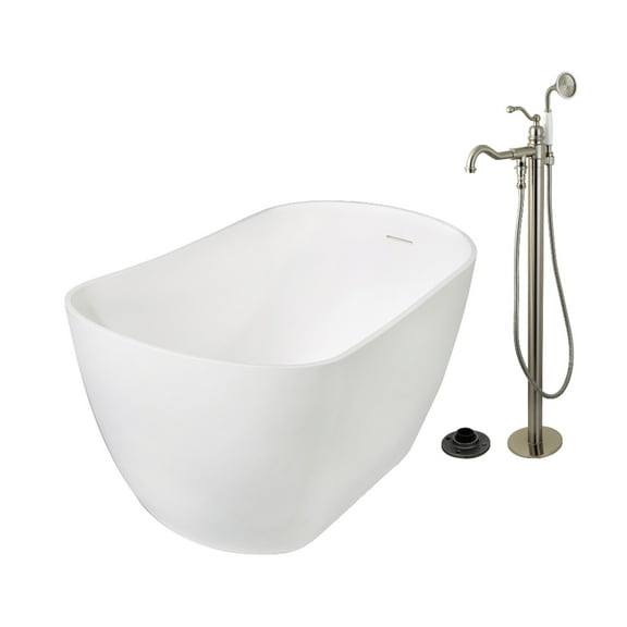 Kingston Brass KRTSS5130138AL 51" Solid Surface Oval Single Slipper Freestanding Tub with Faucet Combo and Drain, Brushed Nickel