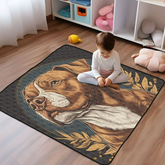 WOBOGO Brown Pit Bull Illustration Baby Playmats Extra Large Waterproof Rollable Activity Pads for Toddlers 50×50inch