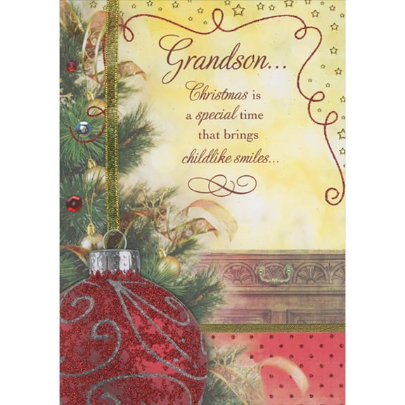 Designer Greetings Brings Childlike Smiles: 3D Sparkling Red Ornament on Gold Ribbon Hand Decorated Christmas Card for Grandson