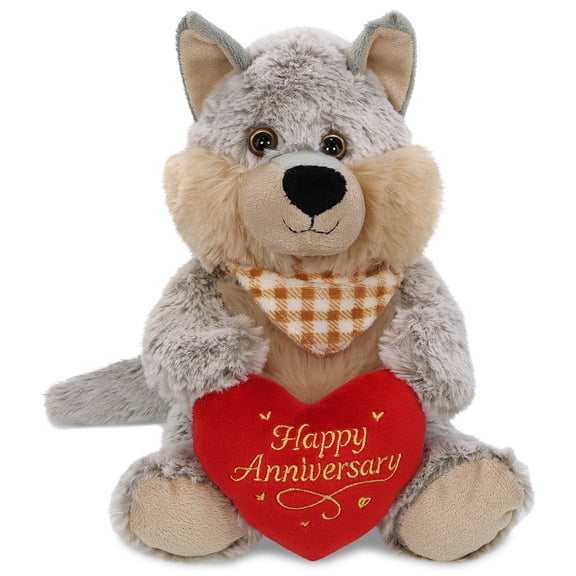 DolliBu Sitting Wolf Stuffed Animal with Happy Anniversary Red Heart Plush - Soft and Cuddly Wildlife Animal Wolf Plush Toy Gift for Couples or Friends - 9 Inches