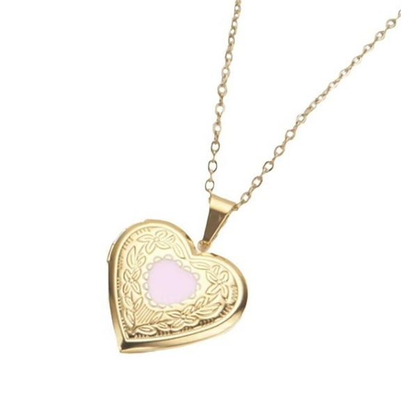 HIJONES Women's Stainless Steel Pink Enamel Love Heart Locket Frame Pendant Necklace Floral Engraved Jewelry Gold