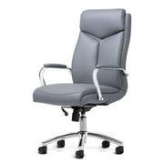 OFFICE FACTOR Leather Executive Rolling Swivel Chair with Chrome Metal Components, Comfortable Padded Armrests & Adjustable Gaslift (Gray)