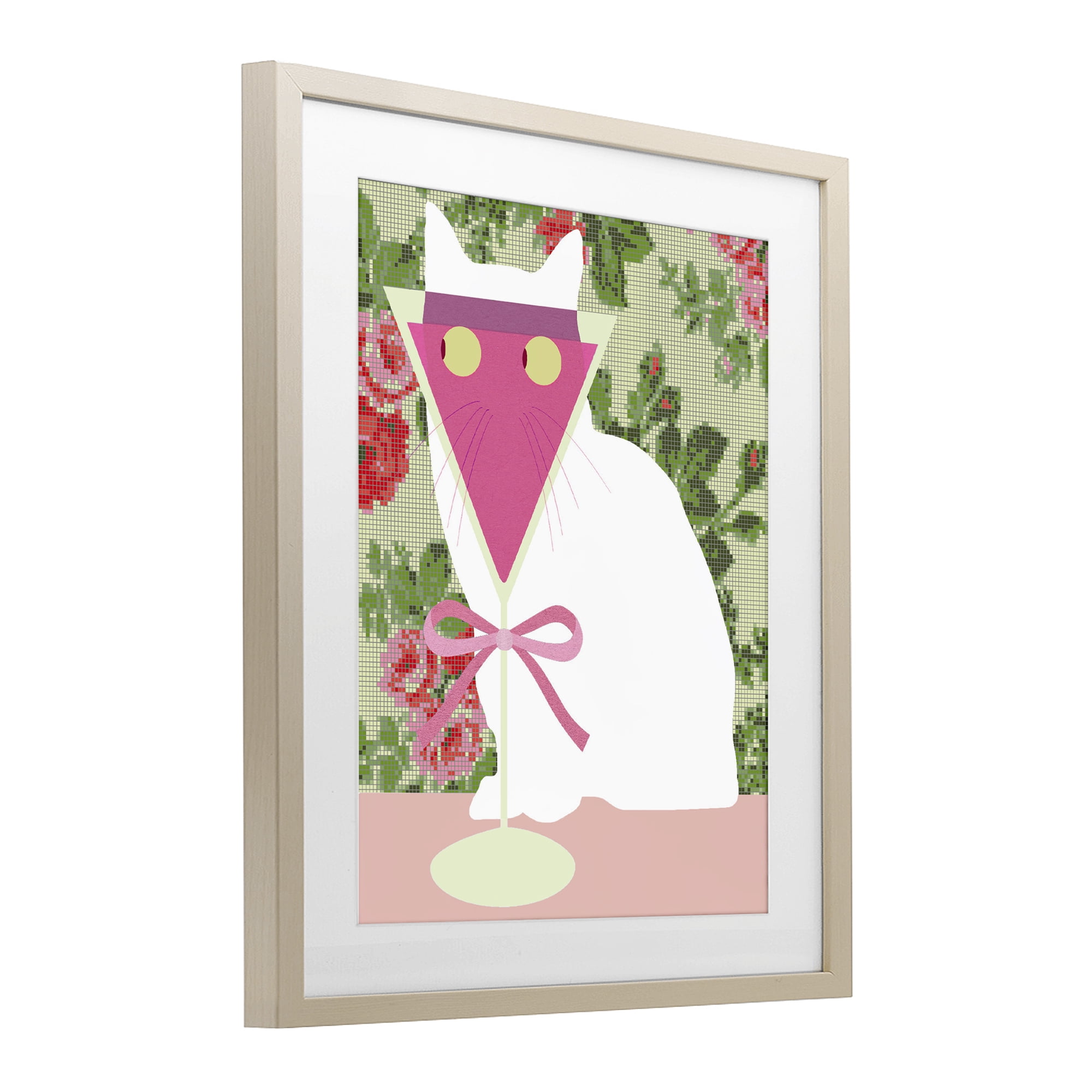 Stupell Industries White Cat with Pink Martini Birch Framed Print Under Glass, design by Lil' Rue